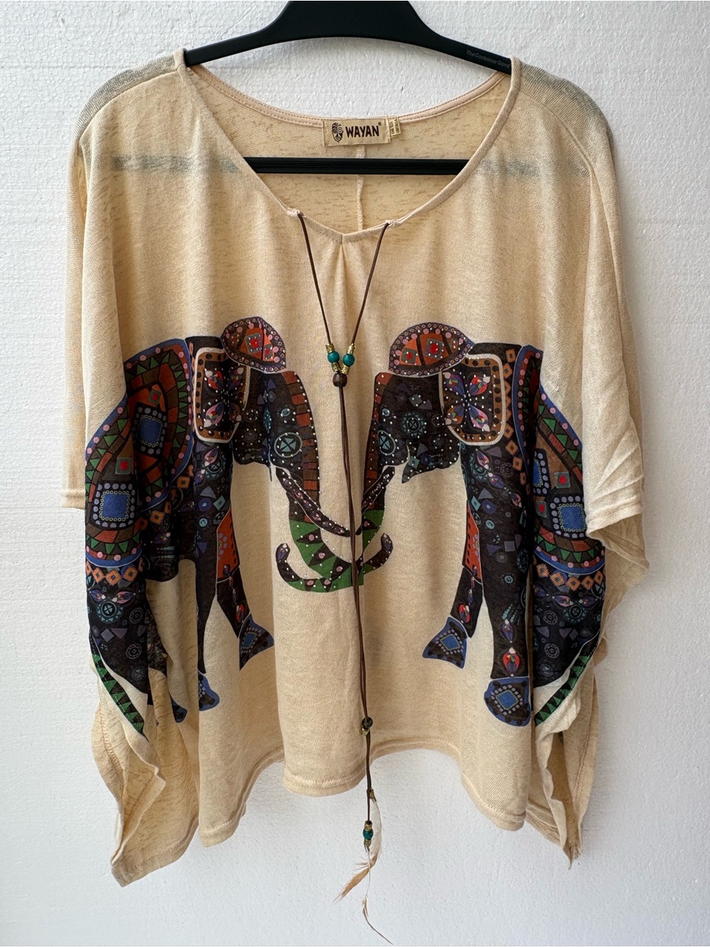 Wayan Elephant Print Batwing Tunic Blouse Top Boho Festival Neutral Beige
